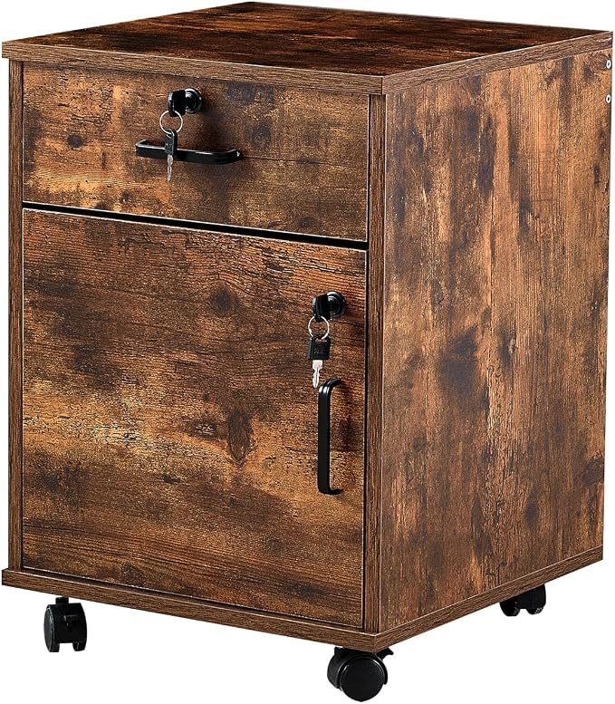 OFCASA 2 Drawer File Cabinet with Lock, Small Rolling Filing Cabinets for Home Office, Wood Under Desk File Cabinet with Wheels, Mobile Storage Organizer, Printer Stand for Letter/Legal, Rustic Brown