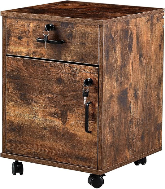 OFCASA 2 Drawer File Cabinet with Lock, Small Rolling Filing Cabinets for Home Office, Wood Under Desk File Cabinet with Wheels, Mobile Storage Organizer, Printer Stand for Letter/Legal, Rustic Brown
