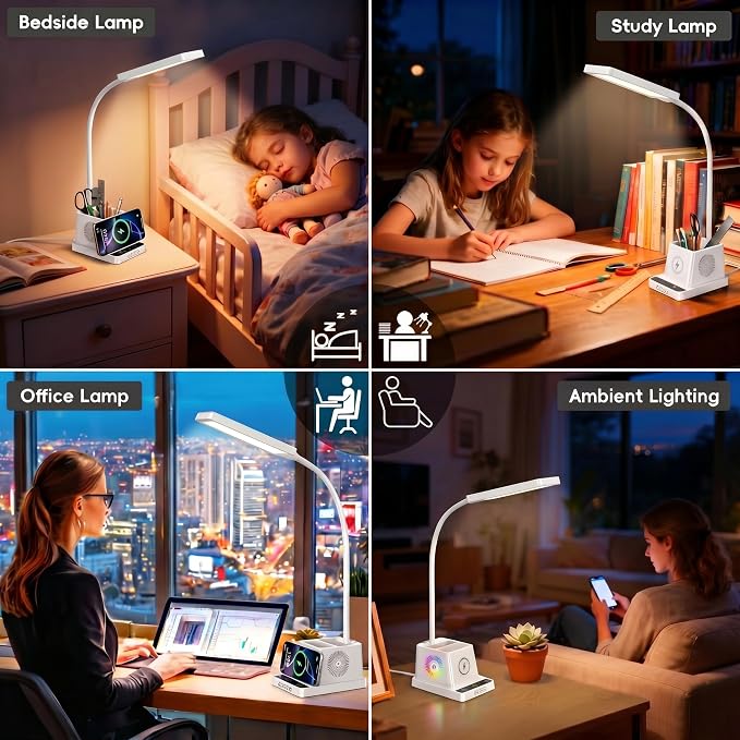 cozoo LED Desk Lamp for Home Office, Desk Light with 15W Wireless Charger Pen Holder, 12 Lighting Modes Desk Lamp for Bedroom, Small Table Lamp for College Dorm, Study, Craft, Nail, White