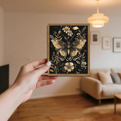 Vintage Moth Canvas Wall Art, Dark Academia Gothic Decor, Insect Botanical Painting, Enchanted Moth Flowers Picture Print, Nature Wall Decor for Living Room Bedroom 8x10 inch Wood Framed