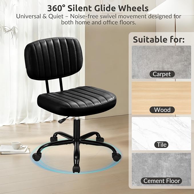 Swivel Rolling Office Chair, Armless Pu Leather Vanity Chair with Back Lumbar Support Height Adjustable Computer Chair, Small Desk Chair for Home Office, Black