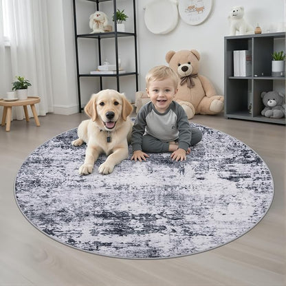 Round Area Rug for Living Room: 5 ft Washable Modern Abstract Soft Thin Rug Indoor Floor No Slip Stain Resistant Carpet for Bedroom Dining Room Farmhouse Nursery Home Office - Grey