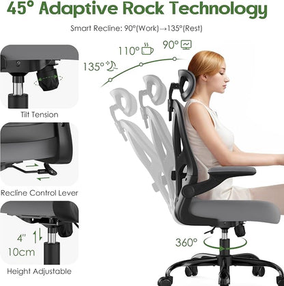 Office Chair Ergonomic Desk Chair - Mesh High Back Office Chair with Headrests Wheels Lumbar Support Home Desk Office Chairs Flip up Armrest Executive Rolling Computer Chair Black Gray