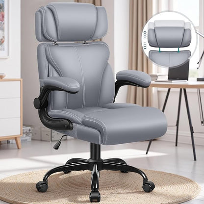 Office Chair, Ergonomic Big and Tall Computer Desk Chair with Retractable Adjustable Headrest, Executive Breathable Leather Chair, Lumbar Support Swivel Flip-up Armrests Rocking Function,Matte Gray