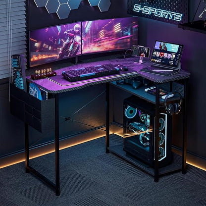 Acrolix L Shaped Gaming Desk 55 Inch - Computer Corner Desk with Power Outlets, Reversible Shelves & Storage Bag for Home Office, PC Gaming Table, Black Carbon