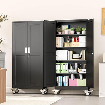 winiowa 71" Tall Metal Garage Storage Cabinet with Wheels, Steel Locking Rolling Tool Cabinet with 4 Adjustable Shelves for Garage,Home,Office (Black)