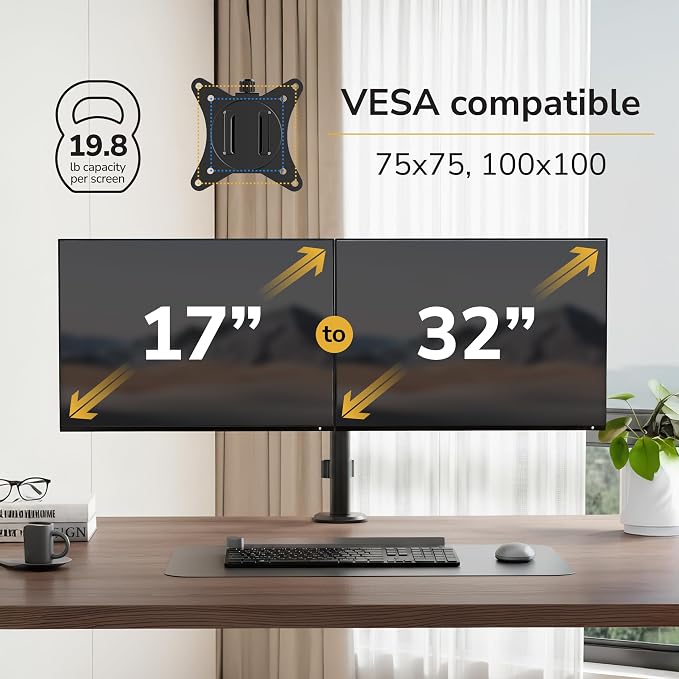 Mount-It Dual Monitor Arm, Desk Mount for 2 Screens 13-32 in, Steel | Holds up to 19.8 lbs Each, Full Motion Tilt Swivel Rotate, VESA 75x75 100x100, Cable Management, C-Clamp or Grommet, Black