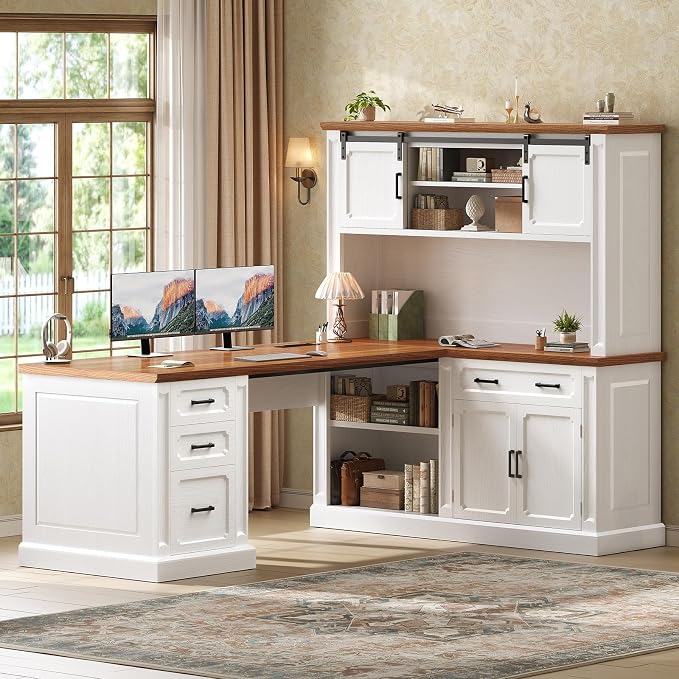 SEDETA 67" Farmhouse L Shaped Desk with Hutch, Executive Home Office Desks with 4 Drawers & Storage Cabinet, Corner Computer Desk with Sliding Doors, File Drawer & Power Outlet, White+Brown