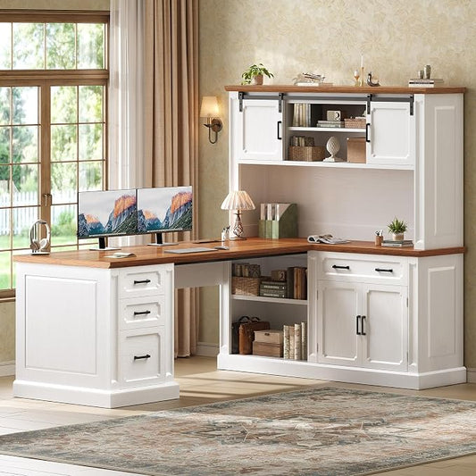 SEDETA 67" Farmhouse L Shaped Desk with Hutch, Executive Home Office Desks with 4 Drawers & Storage Cabinet, Corner Computer Desk with Sliding Doors, File Drawer & Power Outlet, White+Brown