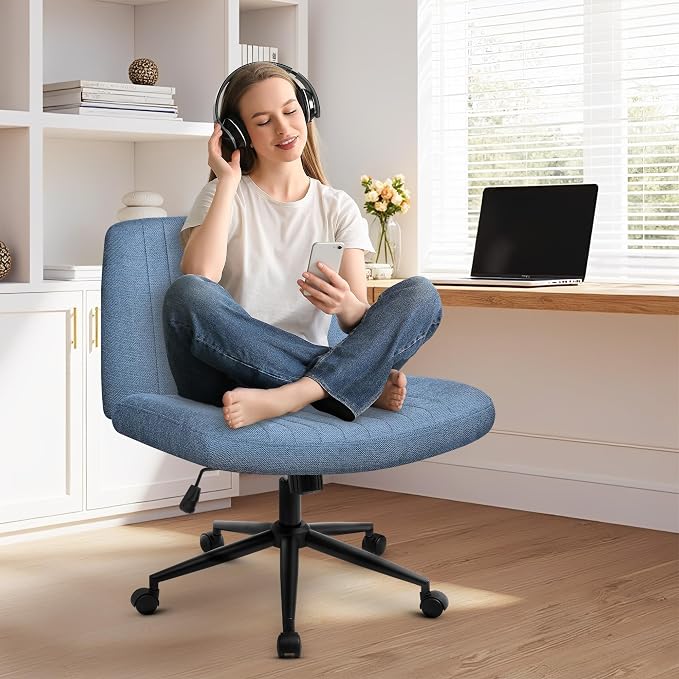 NEO CHAIR Criss Cross Chair with Wheels Armless Cross Legged Office Desk Wide Comfy Vanity Makeup Chair Adjustable Swivel Rolling Computer for Home Office Fabric (Blue)