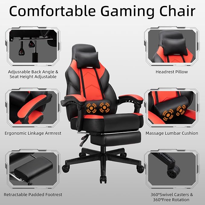 Gaming Chair with Footrest, Massage Lumbar Support, Height Adjustment, and 360° Swivel Seat. Ergonomic Design for Gaming