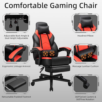 Gaming Chair with Footrest, Massage Lumbar Support, Height Adjustment, and 360° Swivel Seat. Ergonomic Design for Gaming