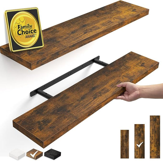 BAYKA Floating Shelves, 35.4 inches Long Wall Mounted Rustic Wood Shelves for Bathroom, Bedroom, Living Room, Kitchen, Office, Hanging Shelf for Books/Storage/Decor(Rustic Brown,Set of 2)