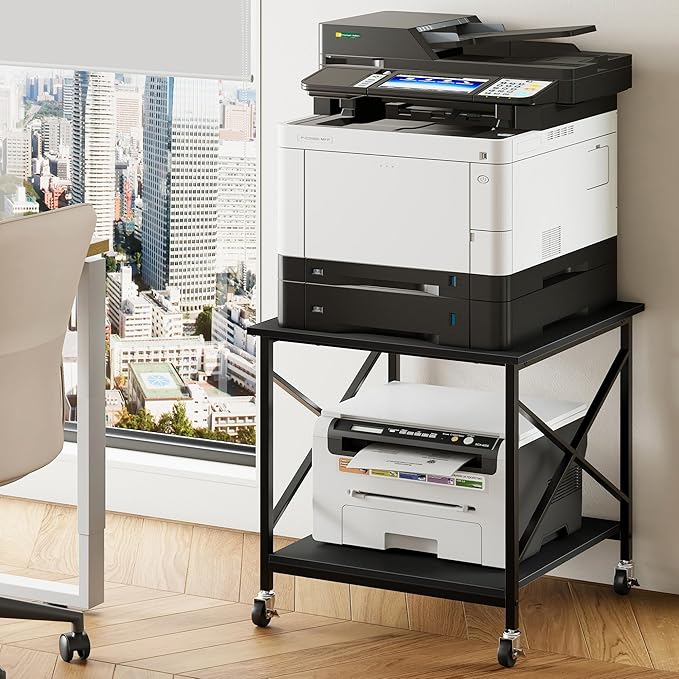 Warmiehomy 24"x24"x24" Large Printer Stand with Storage, 2 Tier Rolling Printer Cart Table, Mini Fridge Stand with Wheels, Use for 3D Laser Printer Home Office, Black