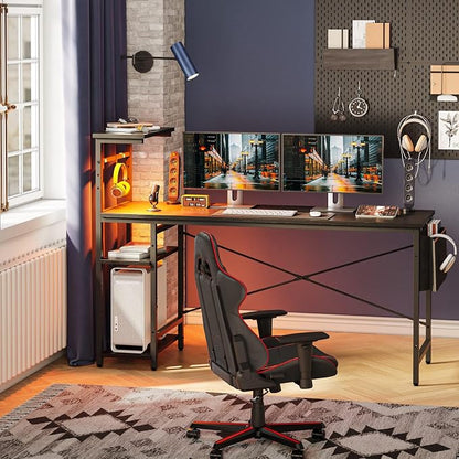 Bestier 61 Inch Gaming Desk with LED Lights, Reversible Shelves, Height Adjustable Shelf, Steel Frame, CARB P2 Class Board, Black 3D Carbon Fiber