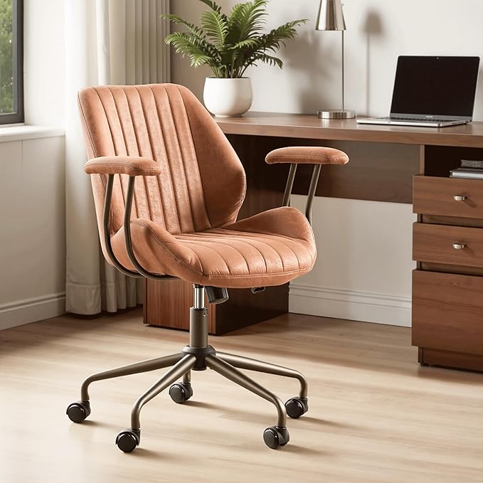 ovios Home Office Chair, Mid-Century Modern Faux Suede Leather Ergonomic Chairs, Mid Back Comfy Computer Swivel Rolling Task Executive Armchair, Brown