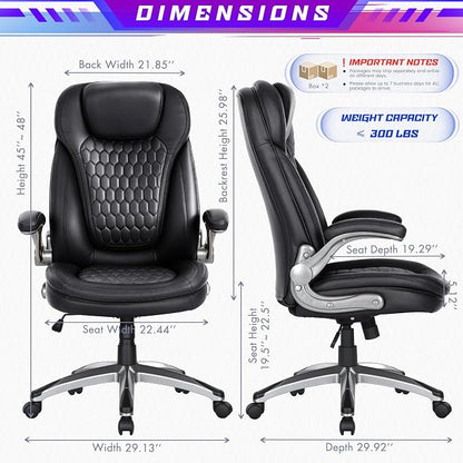 COLAMY High Back Executive Office Chair (Set of 2), Ergonomic PU Leather Desk Chairs with Flip-Up Arms and Upgraded Swivel Casters, Comfortable Computer Chairs for Home Office – Black