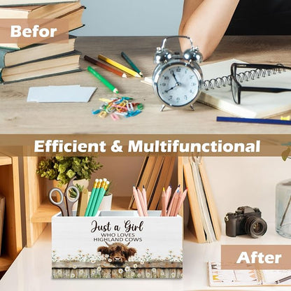 DILSJ Highland Cow Decor Pen Pencil Holder Organizer for Desk, Highland Cow Gifts for Women, Just a Girl Who Loves Cows Wooden Box Signs for Home Office Desk Tabletop Decoration