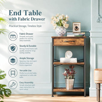 Small Printer Stand with Fabric Drawer & Storage Side Table | Sturdy compact build, works as nightstand end table & accent table. Ideal for bedroom living room & home office daily storage