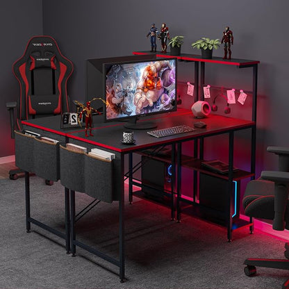 Bestier Gaming Desk with LED Lights, 44 Inch PC Gamer Desk for Small Spaces, Computer Desk with Reversible Storage Shelves & Side Storage Bag (Black 3D Carbon Fiber)