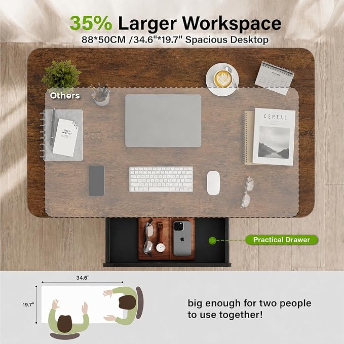 Standing Desk for Walking Pad with Wheels, Pneumatic Cordless Height Adjustable Rolling Desk, Computer Workstation with Drawer Hook Locking Casters for Treadmill Home Office, Dark Wood