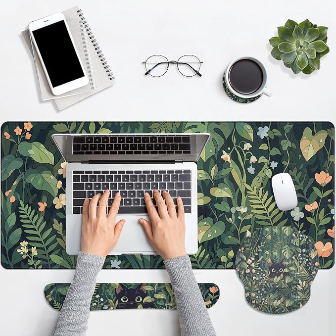 Britimes Green Plants Keyboard Mouse Pad Set Cute Black Cat 4in1 Large Mousepad+Keyboard Wrist Rest+Mouse Wrist Rest+Coaster Ergonomic Design for Home Office Computer 35.4x15.7 inches