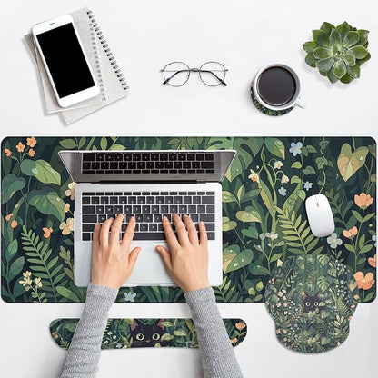 Britimes Green Plants Keyboard Mouse Pad Set Cute Black Cat 4in1 Large Mousepad+Keyboard Wrist Rest+Mouse Wrist Rest+Coaster Ergonomic Design for Home Office Computer 35.4x15.7 inches