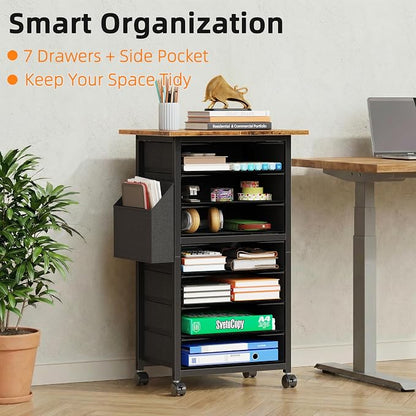 HIGDBFE 7 Fabric Drawers File Cabinet with Side Pocket, Rolling Printer Stand with Storage for Home Office, Wood Top Storage Cabinet for Documents and Crafts, Rustic Brown, 15" D