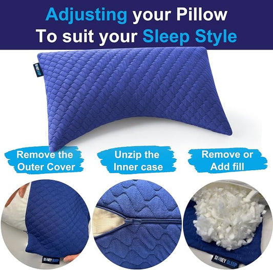 Sidney Sleep Pillow for Side and Back Sleepers - Comfort for Neck and Shoulder Pain - Adjustable and Customizable Shredded Memory Foam Filling - King Size - Extra Foam Fill Included (Blue, King)
