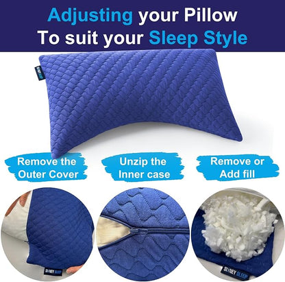 Sidney Sleep Adjustable Bed Pillow for Neck and Shoulder Support with Extra Shredded Fill - Cervical Contour Pillow for Side and Back Sleepers. Standard Size 19" x 26" CertiPUR-US Certified (Blue)