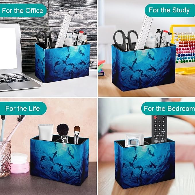 Pen Holder, Pencil Holder for Desk Organizer, Sea Ocean Animal Sharks PU Leather Pencil Cups Desktop Stationery Storage Makeup Brush Holder Pen Organizer for Office Home