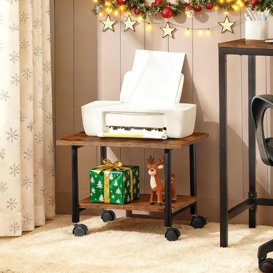 HOOBRO Printer Stand, 2-Tier Industrial Under Desk Printer Cart with Shelf, Mobile Heavy Duty Storage Rack on Wheels for Home, Office, Rustic Brown and Black BF02PS01G1