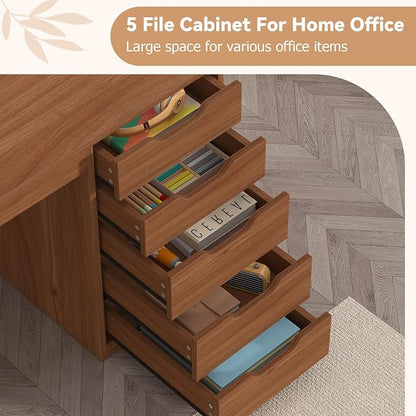 YOMILUVE 47 Inch Computer Desk with 5 Drawers and Power Outlets, Home Office Desks with Storage File Cabinet, Modern Simple Laptop Desk Writing Table for Small Spaces, Brown