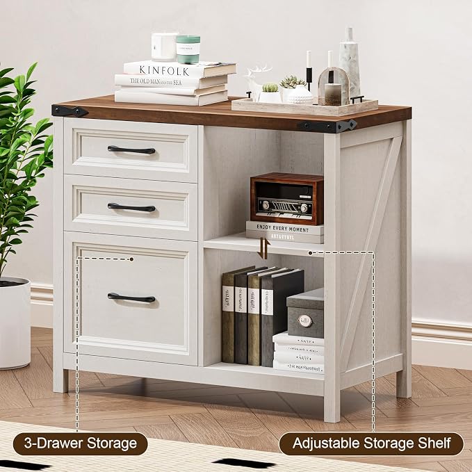 Halitaa 3 Drawer File Cabinet, Farmhouse Lateral Filing Cabinet Fits Files Letter or A4 Size, Wooden Printer Stand with Open Storage Adjustable Shelf for Home Office, Rustic White and Brown