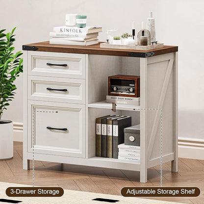 Halitaa 3 Drawer File Cabinet, Farmhouse Lateral Filing Cabinet Fits Files Letter or A4 Size, Wooden Printer Stand with Open Storage Adjustable Shelf for Home Office, Rustic White and Brown
