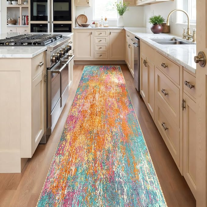 RELEANY Washable Area Rugs 2'x10' Non-Slip Modern Abstract Soft for Living Room Entryway Bedroom Kitchen, Print Pattern, Orange Blue Pink Yellow Colorful