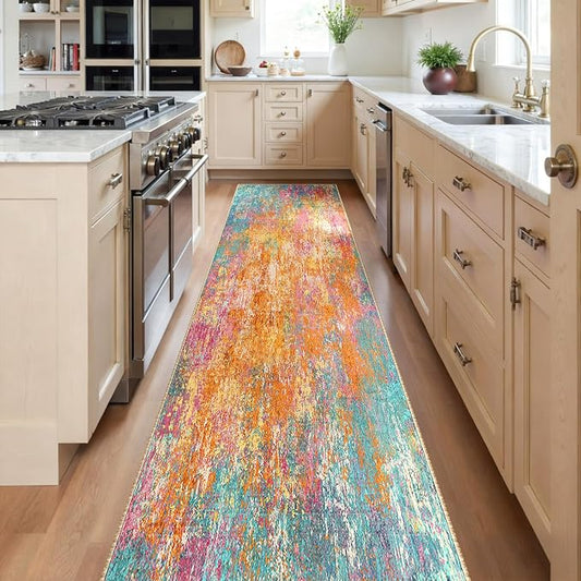 RELEANY Washable Area Rugs 2'x10' Non-Slip Modern Abstract Soft for Living Room Entryway Bedroom Kitchen, Print Pattern, Orange Blue Pink Yellow Colorful