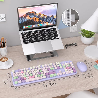 UBOTIE Colorful Wireless Keyboard and Mouse Combos, Retro Typewriter Floating Flexible Full-Sized Keys Computer Keyboard with Optical Mouse, 2.4GHz USB-A Connection for Windows Mac (Purple-Colorful)