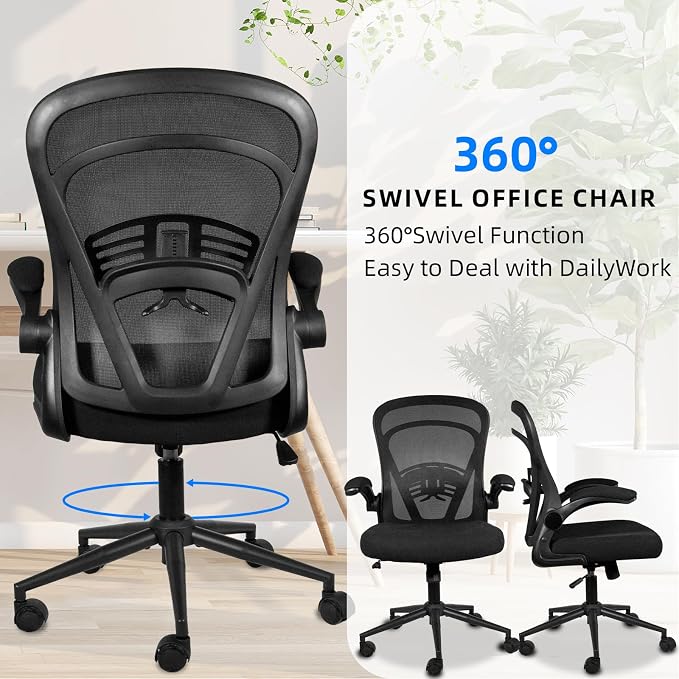 Ollega Computer Desk Chair with Wheels, Mesh Office Chair with Flip Up Arms, Adjustable Lumbar Support, Swivel Desk Chair Comfy, Black