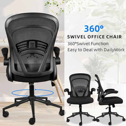 Ollega Computer Desk Chair with Wheels, Mesh Office Chair with Flip Up Arms, Adjustable Lumbar Support, Swivel Desk Chair Comfy, Black