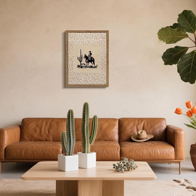 Western Cowboy Wall Art - Framed Canvas Cactus Poster for Living Room & Entryway, Vintage Horse Silhouette in Wood Frame, Rustic Floral Border Print, Farmhouse Decor 16x24 inch