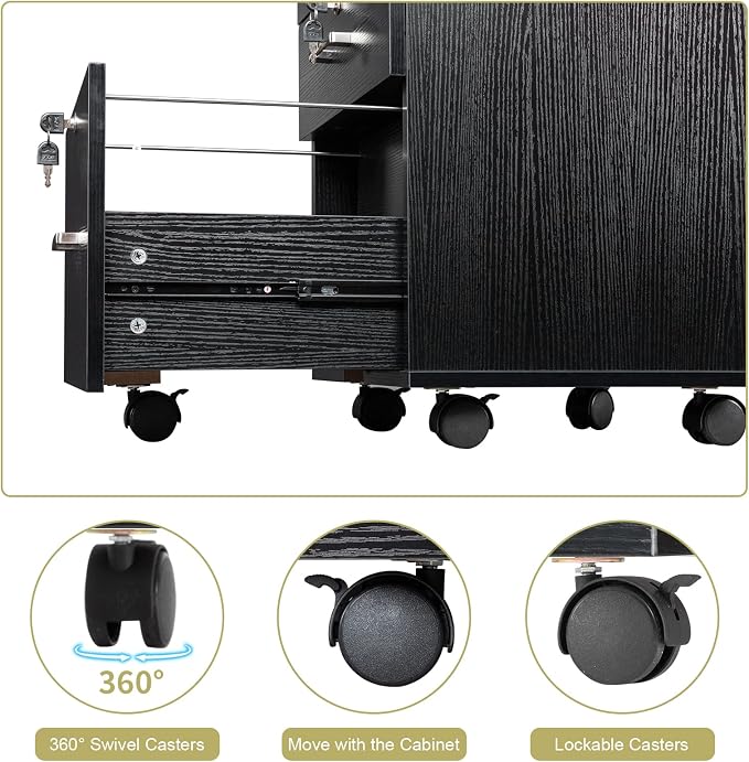 Bonnlo 26" H 3 Drawer File Cabinet with Lock, Rolling File Cabinet Under Desk, Mobile File Cabinets for Home Office, Wood Black File Cabinet Printer Stand for Letter Size Hanging/Manila File Folders