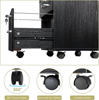 Bonnlo 26" H 3 Drawer File Cabinet with Lock, Rolling File Cabinet Under Desk, Mobile File Cabinets for Home Office, Wood Black File Cabinet Printer Stand for Letter Size Hanging/Manila File Folders