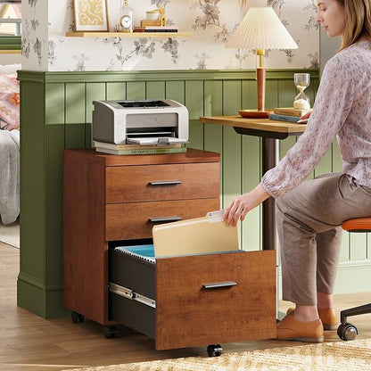 DEVAISE 3 Drawer File Cabinet for Home Office, Wood Under Desk Filing Cabinet, Rolling Printer Stand with Wheels, Walnut
