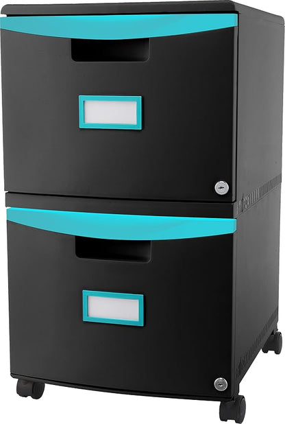Storex Plastic Two-Drawer Mobile Pedestal File Cabinet – Locking Document Organizer with Casters for Home and Office, Black, 1-Pack (61315C01C)