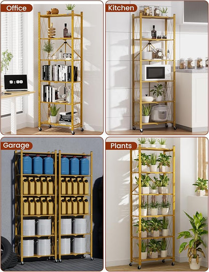ALANNG 73.6 Inch Folding Bookshelf, 6 Tier Metal Bookcase and Bookshelves, Tall Shelves for Living Room Office Bedroom, Heavy Duty Book Shelve Free Standing Open (Gold, 1PACK)