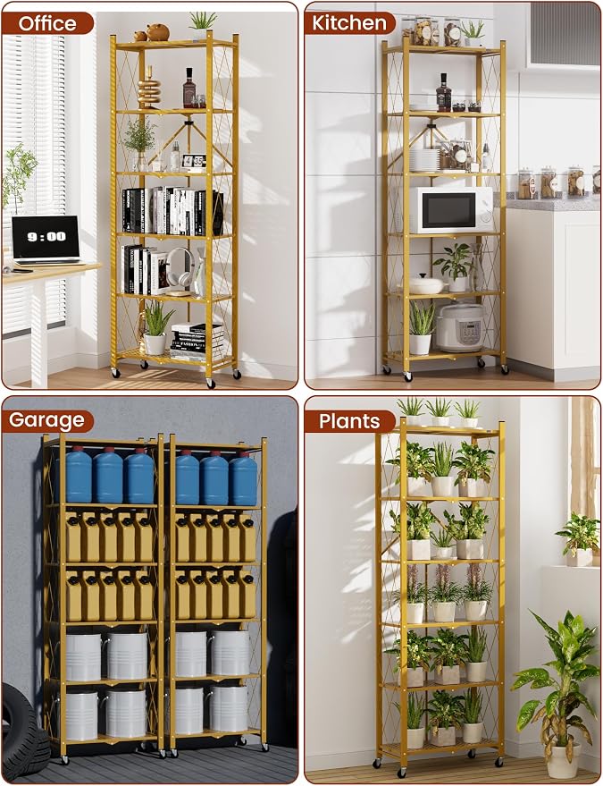 ALANNG 73.6 Inch Folding Bookshelf, 6 Tier Metal Bookcase and Bookshelves, Tall Shelves for Living Room Office Bedroom, Heavy Duty Book Shelve Free Standing Open (Gold, 2PACK)