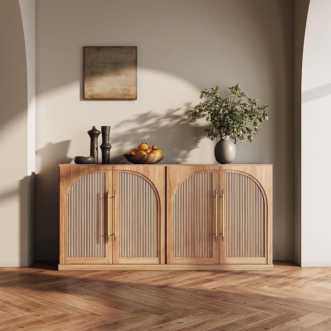 BELLEZE 65" Kitchen Storage Cabinet with Adjustable Shelves,Freestanding Accent Cabinet with Fluted Arched Design & Gold Handles,Modern Credenza for Living Room,Dining Room,Entryway - Camel