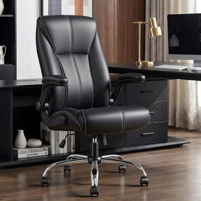 Big and Tall Office Chair for Heavy People, 400LBS High Back Extra Wide Executive PU Leather Office Chair with Flip-Up Armrests, Smooth Caster Wheels, Comfortable Home Office Desk Chair (Black)