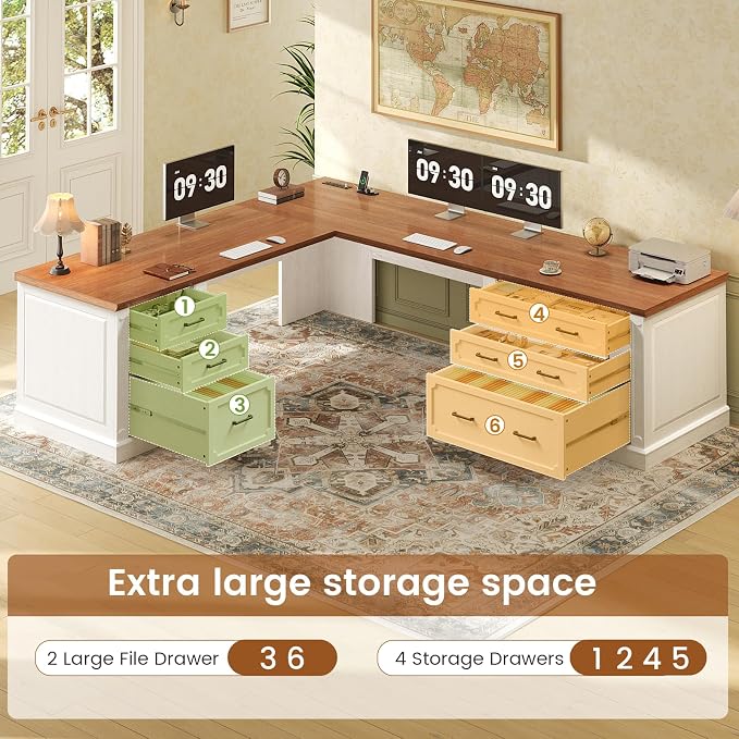 SEDETA Farmhouse 78.8" L Shaped Desk with 6 Drawers, Home Office Desk with Power Outlet, File Cabinet Storage, Wood Corner Computer Desk for Work and Study, White+Brown